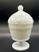 Vintage 1960's Avon White Milk Glass Floral Daisies Footed Trinket Vanity Jar picture