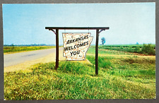 Postcard  Arkansas Welcomes You Sign at the Border ~ Unposted picture