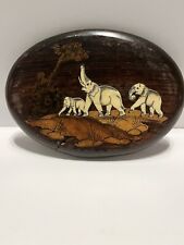 Vintage Indian Elephant Inlaid Marquetry Oval Wood Plaque Wall Hanging Picture picture