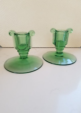 Vintage Art Deco Depression Pair Green Glass Candleholders Tapers 4.25