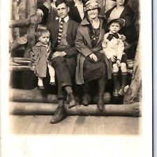 c1910s Lovely Family RPPC One Man Women Smile Little Boys Real Photo Logs A160 picture