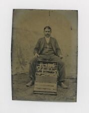 1870's-1880's TINTYPE MAN W/ WILD FOLK ART MECHANICAL INVENTION 3 5/16