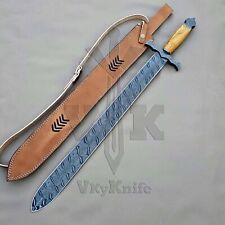 HAND FORGED DAMASCUS STEEL DOUBLE EDGE MEDIEVAL VIKING SWORD WITH SHEATH 2111 picture