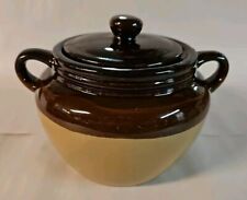 Vintage Stoneware Bean Crock Pot w/Double Handles & Lid - Brown/Tan  picture