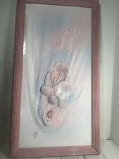 Vintage Picture Made With Sea Shells Pink Painting Wooden Frame 1990s picture