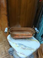 Vintage Rectangle Clew Footed French Copper Planter with Porcelain Handles  picture