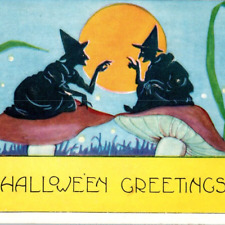 c1910 Halloween Postcard Black Witches Mushroom Toadstool Full Moon Whitney Made picture