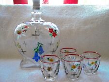 Cordial decanter with 4 glasses, enamel type hand painted picture
