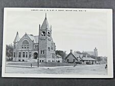 Vintage Postcard Library and C. M & St. P. Train Depot Beaver Dam WI B2538 picture