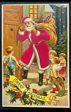 Silk Santa Claus with Angels~Cherubs~Toys~Antique 1910 Christmas Postcard~k251 picture