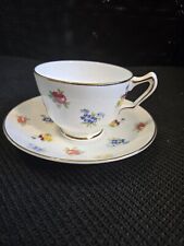 Crown Staffordshire Bone China Teacup & Saucer White & Flowers Gold Trim England picture