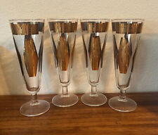 Set of 4 Vintage MCM Mid Century Gold Footed Pilsner Barware Glasses, 8.25