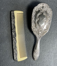 Vintage Vanity Silver Plated Hair Brush And Comb Dresser Set Ornate Dress Up picture