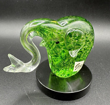 Art Glass Elephant Figurine Paperweight Trunk Up Good Luck Green Sparkle GCA Vtg picture