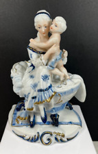 Vintage Arnart Crown KPM Victorian Woman & Child Blue & White Porcelain Figurine picture