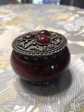 Vintage Jeweled Stone & Metal Reddish/Dark Orange Lidded Trinket/Pill Box picture