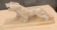 VTG Hand Carved Marble White Onyx Tiger/Panther Statue Figurine Stone-8.25