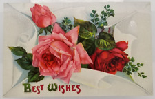 1912 Postcard BEST WISHES Pink Red Roses Germany picture