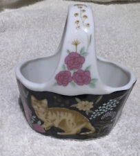 VTG Action Basket Porcelain Cat Kitten Trinket Ring Holder Floral Japan 3x2.5in picture