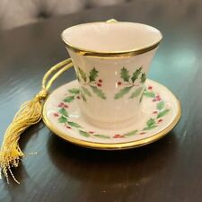 Lenox Holiday Christmas Tree Ornament Holly Berry Tea Cup and Saucer Porcelain picture
