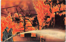 Vintage-Firefighter-Firemen-Fighting Blaze-Fire-Burning Building-Linen Postcard picture