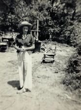 Pretty Woman Wearing Hat Standing In Yard B&W Photograph 3.25 x 4.5 picture