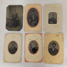 Antique 1800's 6 Mini Tintype Photograph Man Mustache Women Sisters Bow Tie suit picture