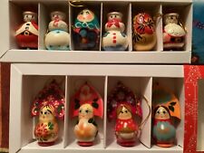 Russian Two Boxes Of Wooden Handpainted 2” Various Christmas Ornaments Used Tags picture