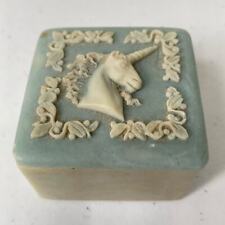 Vintage Incolay Stone Blue Ivory Unicorn Mini Trinket Gift Box Whimsical  picture