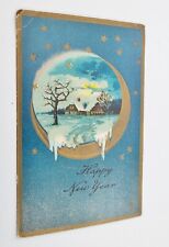 Antique New Year Greetings Postcard Embossed Unmailed Winter Scene picture