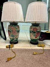 Antique Chinoiserie Red, Pink, Green Floral Ginger Jar Table Lamp Pair picture