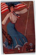 1907-15 Miss Columbia Postcard Woman Holding United States Flag Red White Blue picture