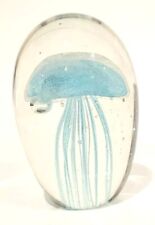 Blue Jellyfish Figurine Paperweight  Decor Hand Blown Art Glass 5” Glows in Dark picture