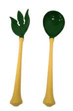 Vintage Substantial Plastic Fork & Spoon Salad Serving Set Tongs Green & Yellow picture
