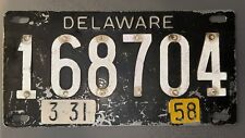 Vintage Delaware 1958 Riveted License Plate Number 168704 Expiration 3/31/58 picture