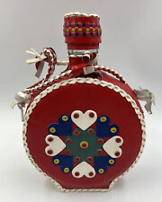 Vintage Leather Braid Wrapped Covered Bottle/Decanter Hearts Red Folk Art picture
