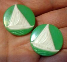 Pair Vintage Sailboat Buttons Sew Craft Art Green White Nautical Marine Plastic picture
