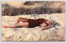 Vtg~1940s-50s~Bathing Beauty Pinup~Girl Swimsuit~Woman On Beach~Linen Postcard picture
