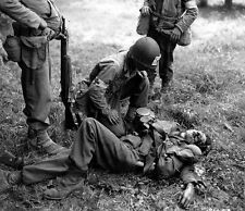 B&W WW2 Photo WWII Wounded German Solider US Medic World War Two US Army France picture
