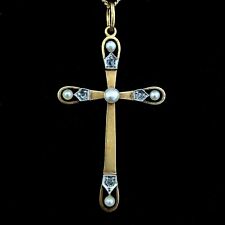 Antique Pearls Diamonds 14k Yellow Gold Cross Pendant on Chain Rose Cut 1900-10s picture
