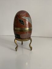Orange Floral SOLID BRASS Enameled  Egg w/ Stand picture