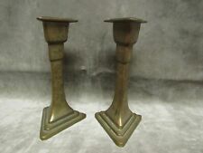 Victorian Chinese Brass Hand Chased Floral/Letter Engraved Triangle Candlesticks picture