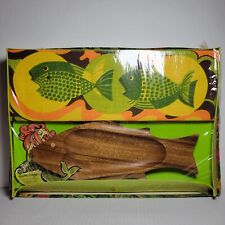 Vtg 1970s Fish Linen Kitchen Towel & Monkeypod Wood Tray Barth and Dreyfuss Set picture