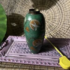 Vintage Enamel on Brass Cloisonné Vase Emerald Green Floral Designs 12” picture
