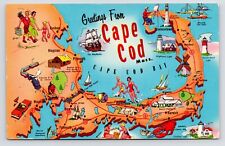 c1950s Vintage Map~Cape Cod Bay Attractions~Massachusetts MA~VTG MCM Postcard picture