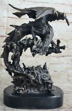 Bronze Dragon Sculpture Statue Figure on Marble Base Signed Original Art Decor picture