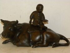 GENUINE BRONZE ANTIQUE STATUE-MADE IN JAPAN-SIGNED-BULL WITH BOY-RARE-REDUCED picture