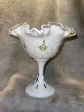 Vtg Fenton milk glass ruffled edges pedistal candy dish hand painted by artest picture