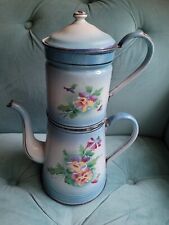 Antique French Blue Enamelware Coffee Kettle with Pansies picture