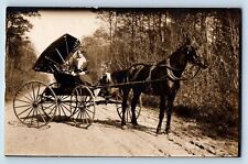 Pretty Woman Postcard RPPC Photo Horse And Buggy Dirt Road c1910's Antique picture